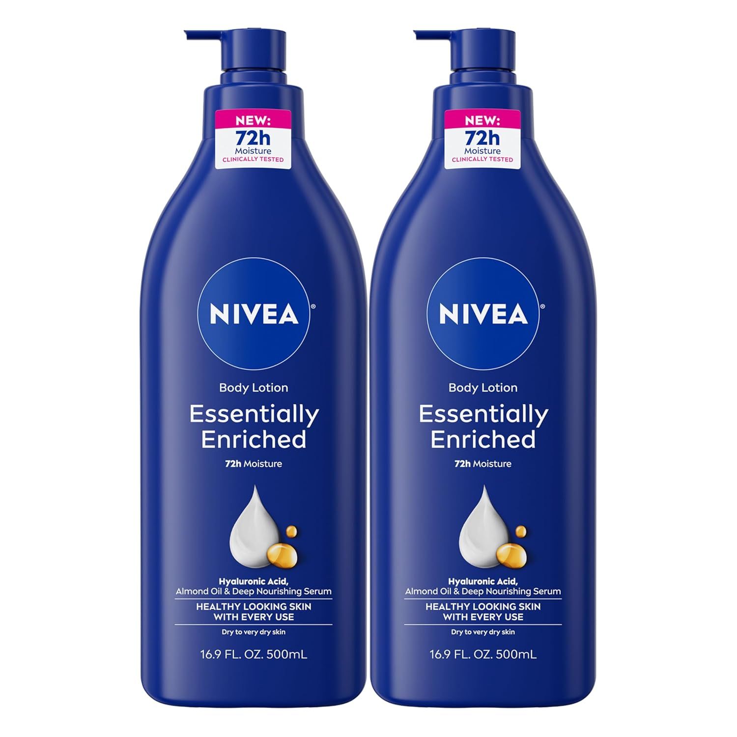 Shows two bottles of NIVEA Essentially Enriched Body Lotion as a multi-pack purchase, highlighting the 72-hour moisture benefit and key nourishing ingredients to communicate long-lasting hydration…