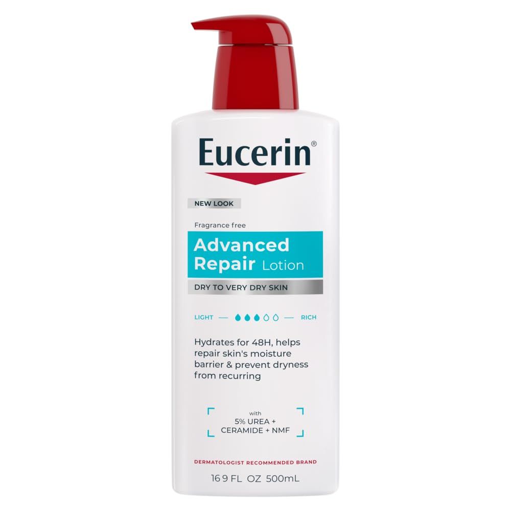 Displays the Eucerin Advanced Repair Lotion bottle clearly on a white background, allowing shoppers to see the product packaging, brand, pump dispenser, and key product claims like fragrance-free…