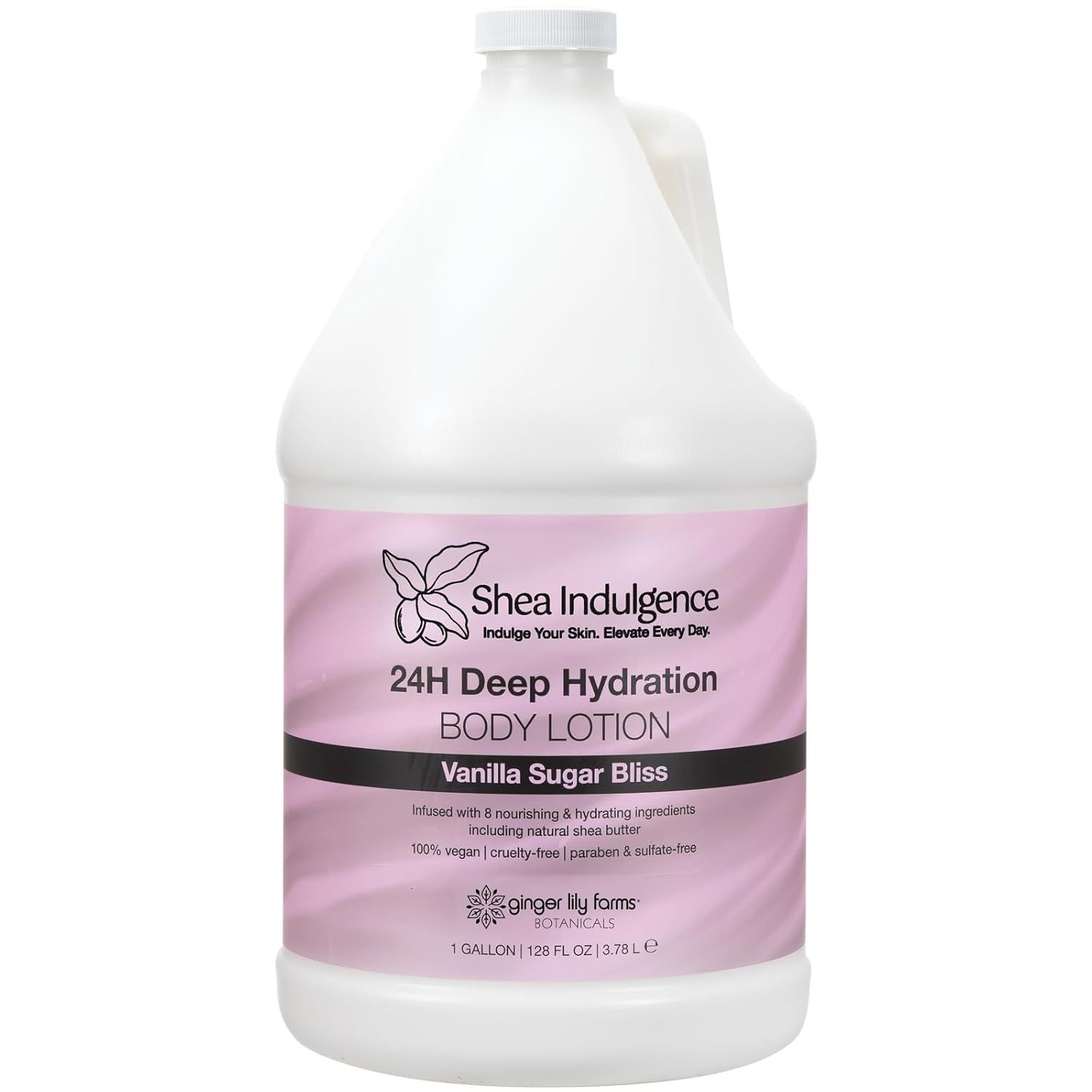 Displays the core product, a 1-gallon body lotion bottle, clearly showing the brand, product type, scent, and key benefits to help shoppers understand what they are purchasing. Shows the actual…