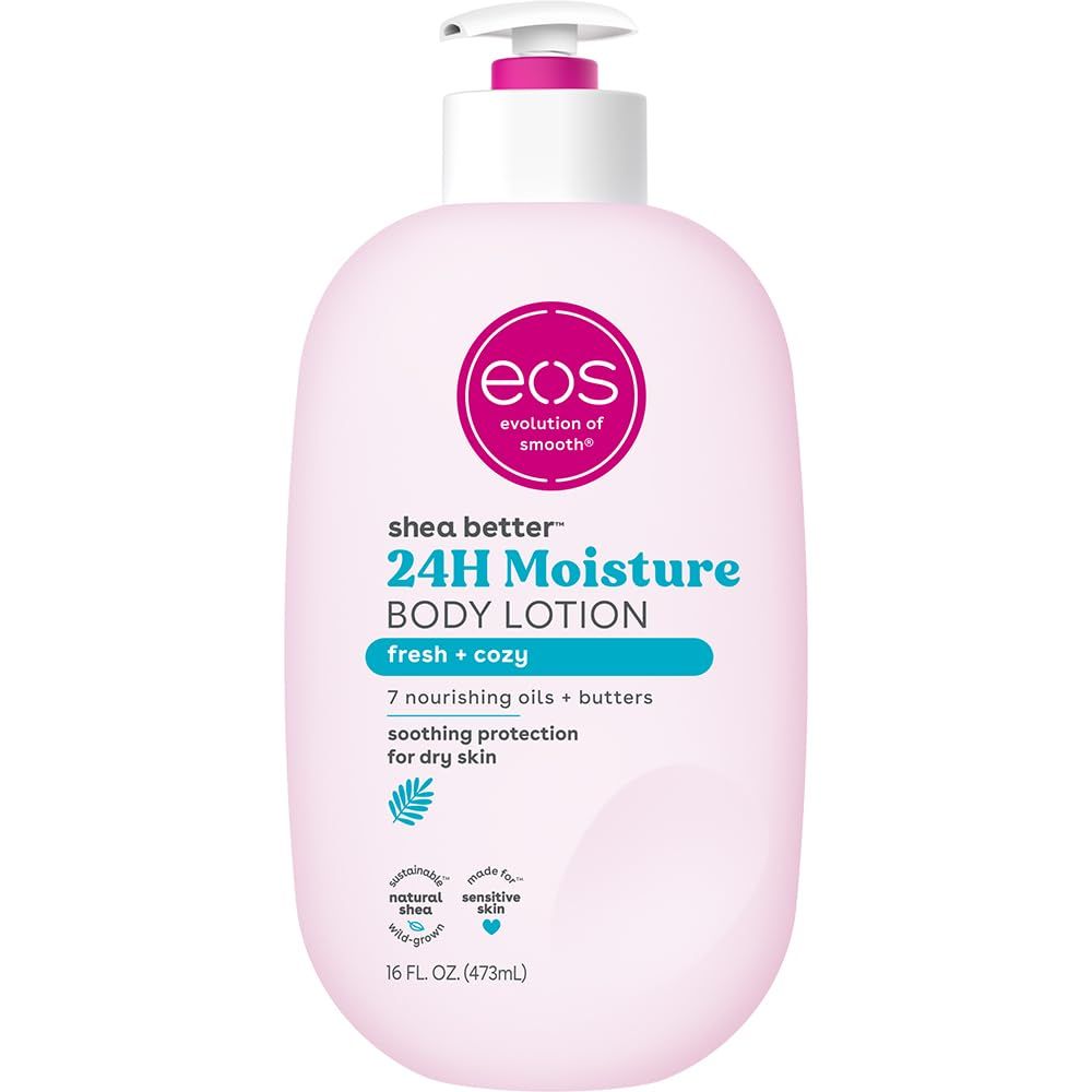 Displays the core product clearly on a white background, showing the bottle design, pump dispenser, and key product information including 24-hour moisture claim and shea butter formulation.