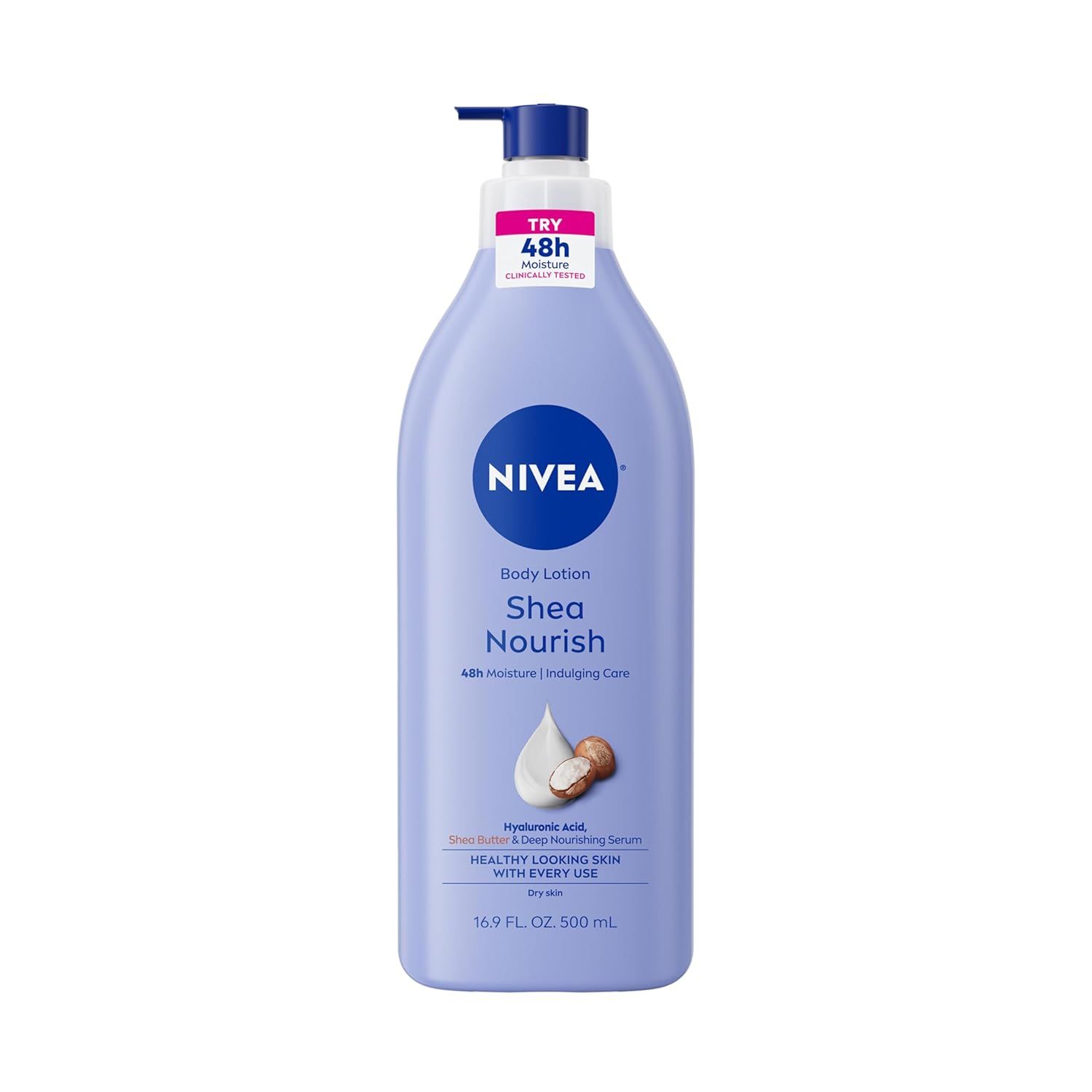 Displays the NIVEA Shea Nourish Body Lotion bottle clearly on a white background, allowing shoppers to see the product packaging, brand, key benefits like 48-hour moisture and shea butter…