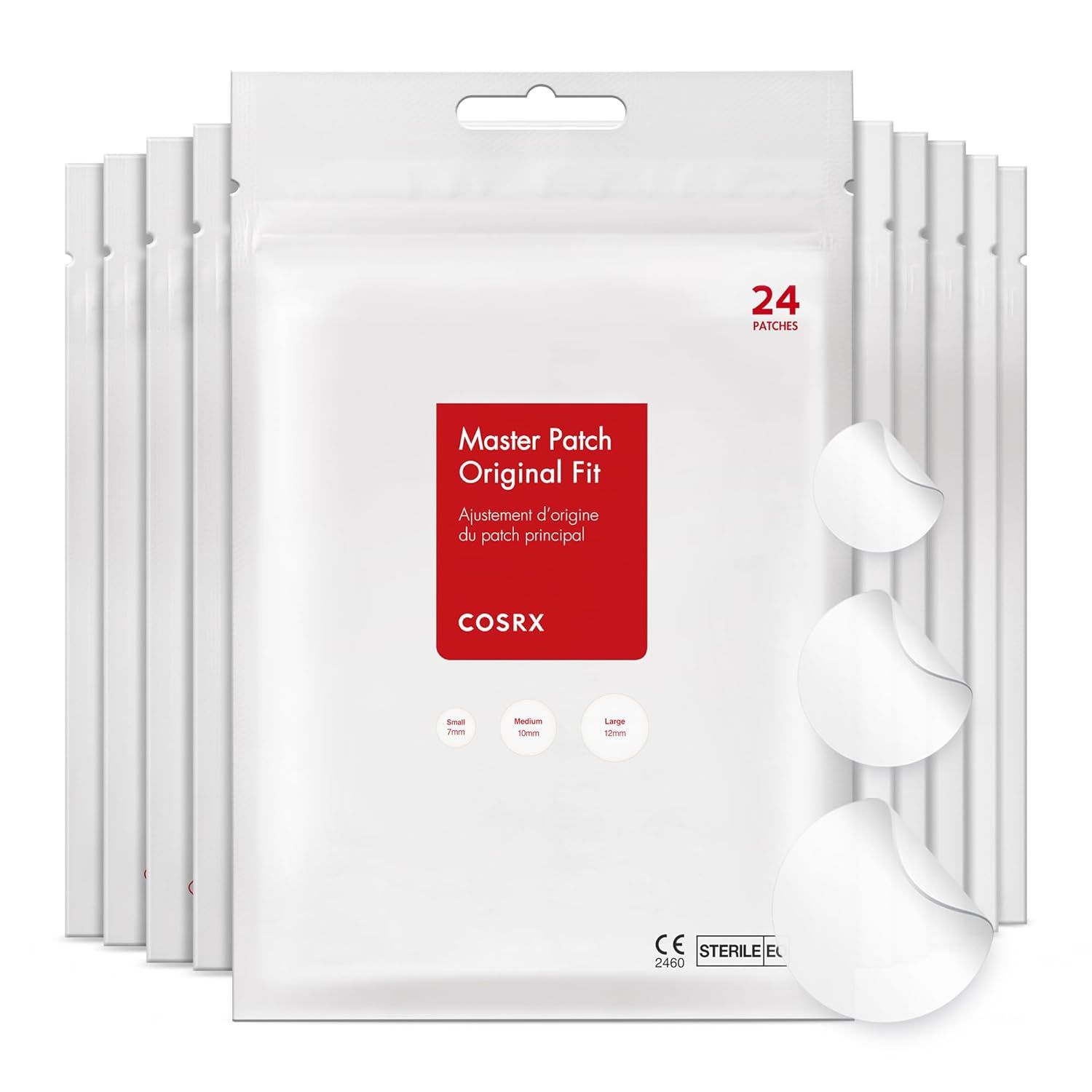 Shows the core product packaging and the actual patches in three different sizes to help shoppers understand what they are purchasing and the size options included. Displays the retail packaging…