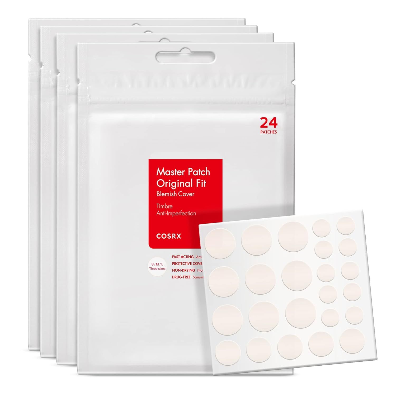 Shows the core product—COSRX Master Patch Original Fit blemish covers—in a multi-pack format with 24 patches per package, clearly displaying both the packaging and the actual patches to help…