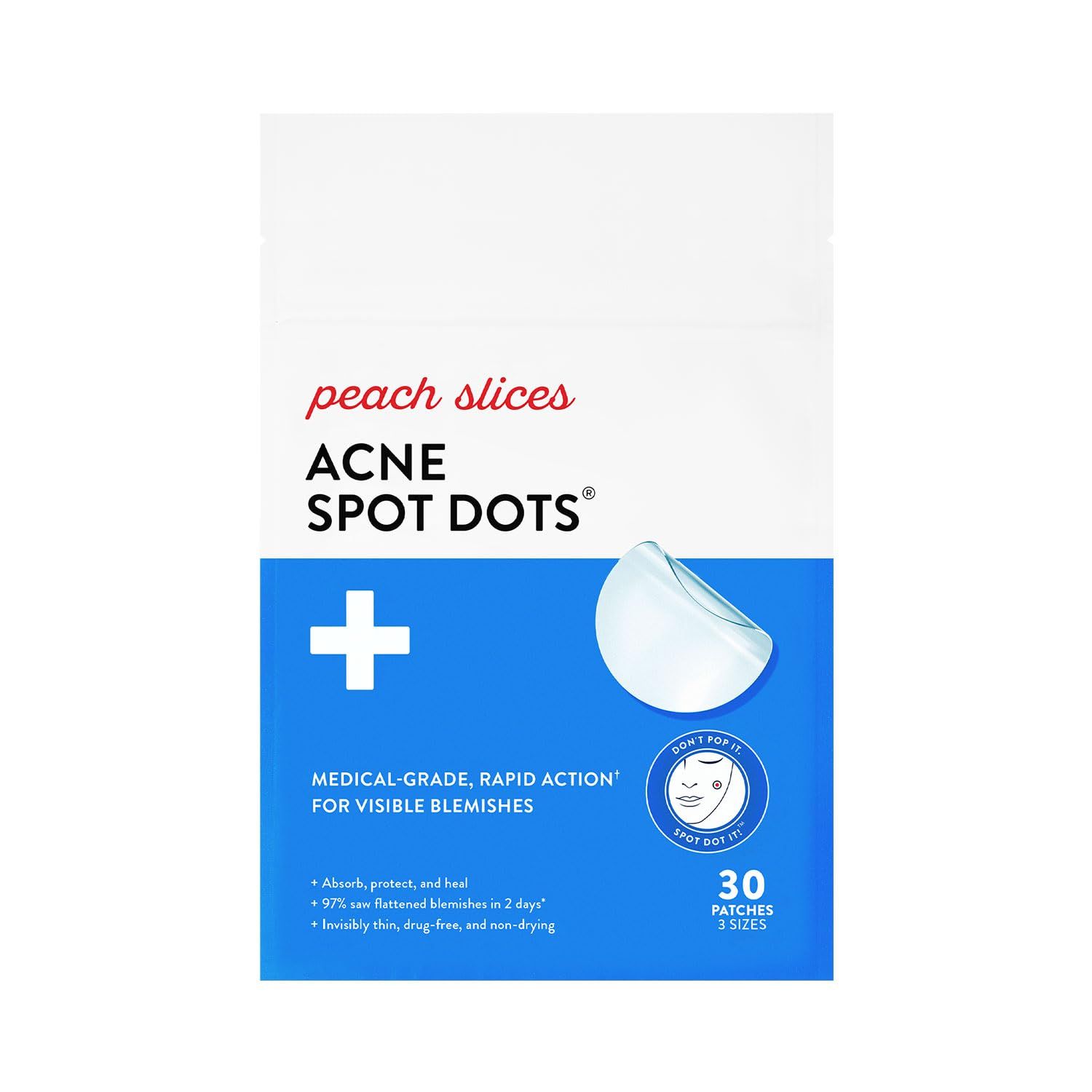 Shows the retail packaging to communicate the product's medical-grade efficacy, rapid action for visible blemishes, and key benefits like absorbing, protecting, and healing acne spots.