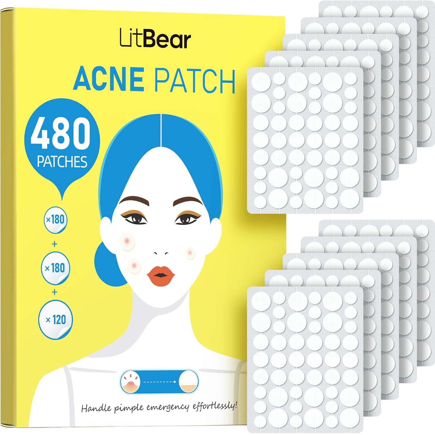 Shows the complete product offering with both the retail packaging and the actual acne patches included, communicating the quantity and variety of patches available to treat different blemish sizes.…