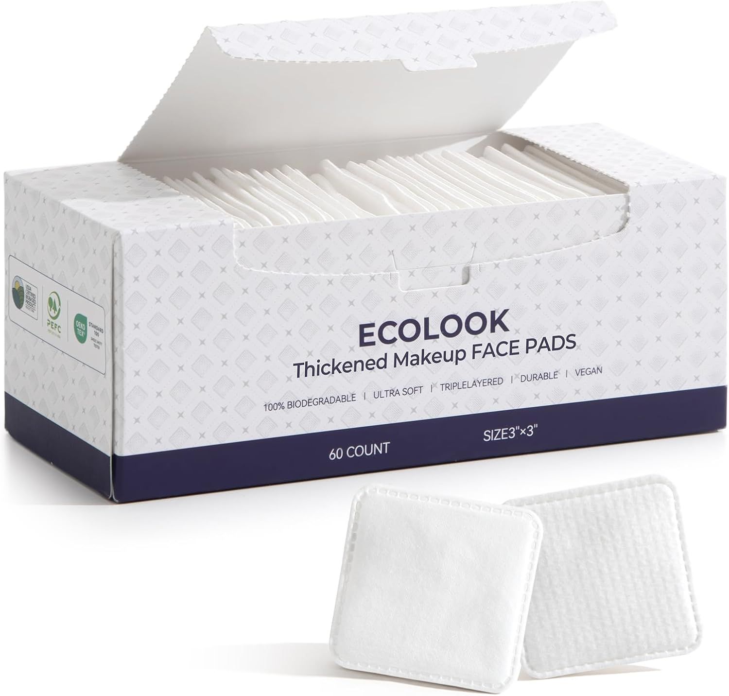 Shows the core product—a box of 60 makeup face pads—along with individual pads displayed in front to communicate the product's texture, quality, and eco-friendly features. Displays the retail…