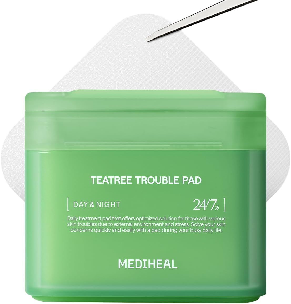 Displays the core product, a Mediheal Teatree Trouble Pad container, clearly showing the brand, product name, and key benefit of providing a daily treatment solution for skin troubles. Uses a soft…