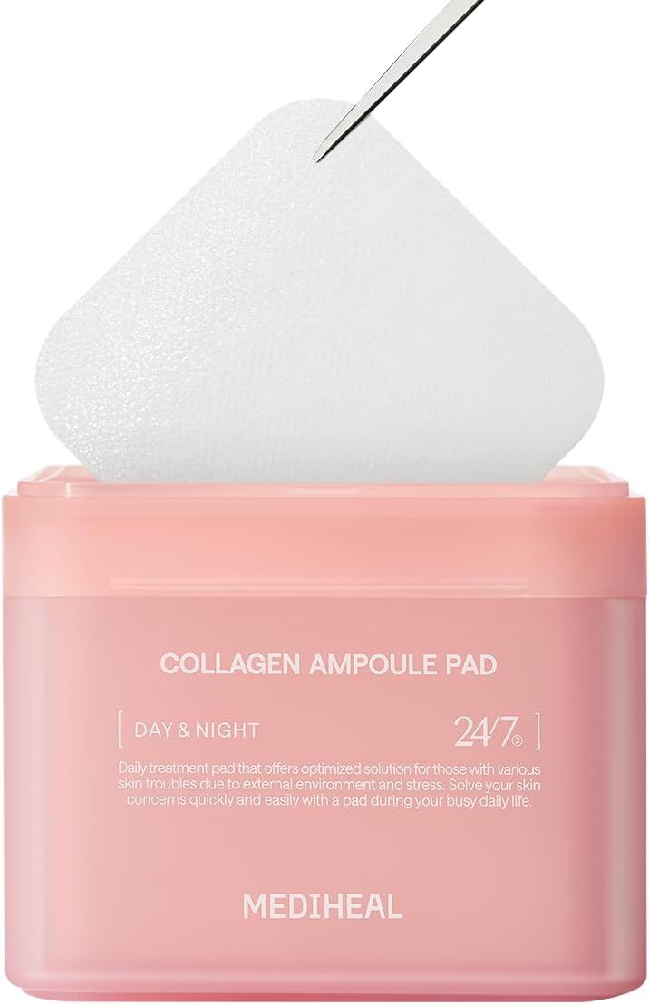 Shows the core product - a jar of collagen ampoule pads with a pad being lifted by tweezers - to communicate what the shopper will receive and how the product looks in use. Demonstrates how to use…