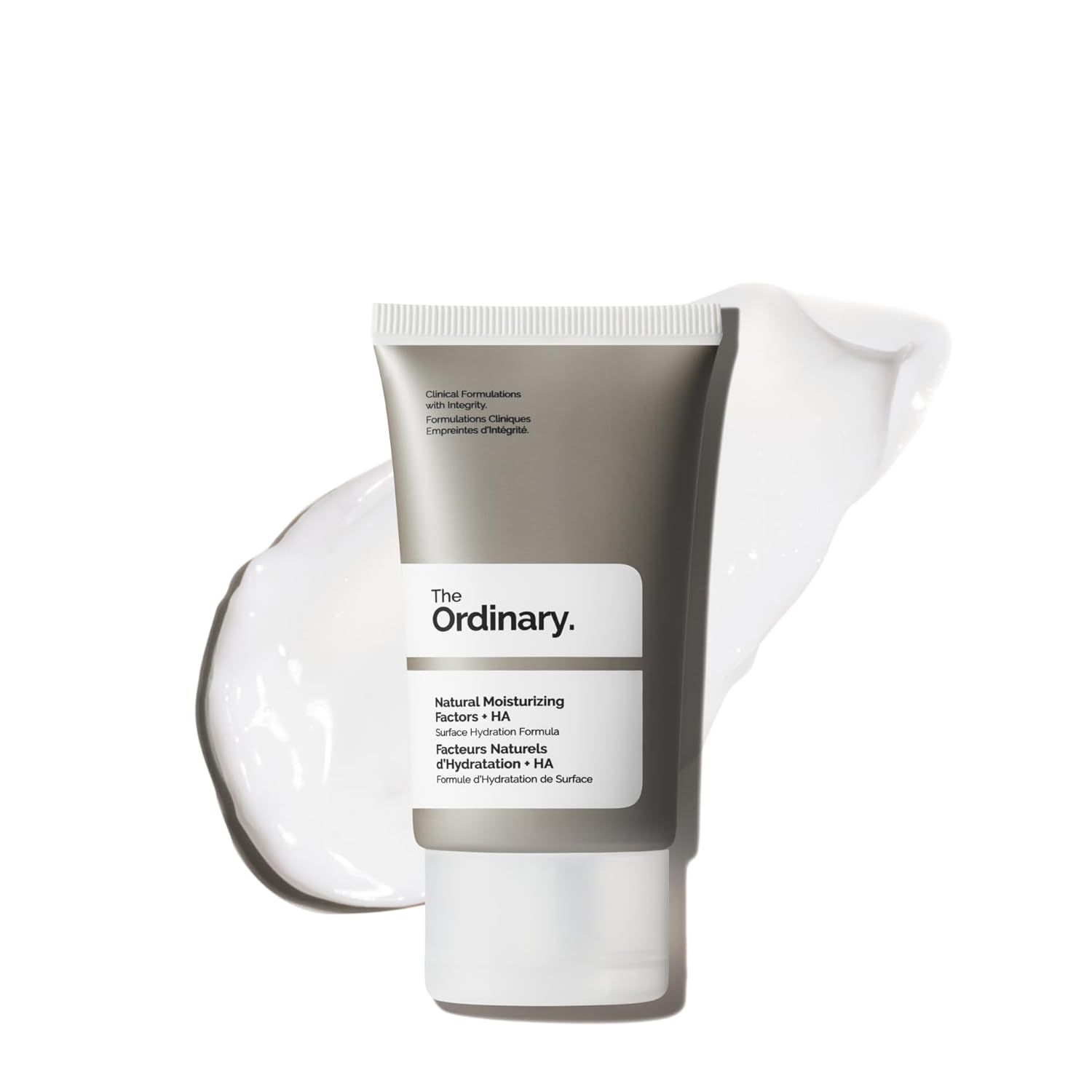 Displays The Ordinary Natural Moisturizing Factors + HA tube clearly with product branding and key benefit information to help shoppers identify the moisturizing skincare product. Shows a cream…