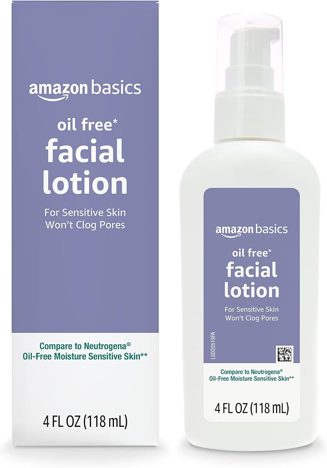 Shows the Amazon Basics facial lotion bottle and packaging to communicate the core product being sold, emphasizing its oil-free formula suitable for sensitive skin that won't clog pores. Displays…