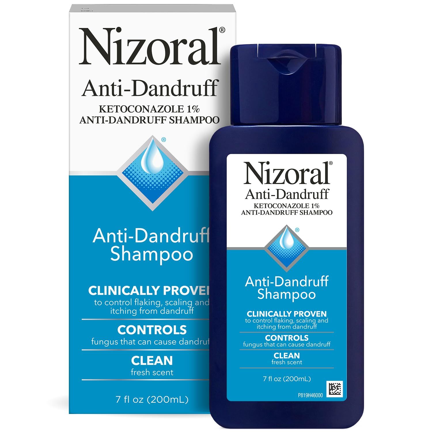 Displays the core product (Nizoral Anti-Dandruff Shampoo bottle and box) clearly to show what the shopper will receive, emphasizing the clinical formulation and fresh scent. Shows the retail…