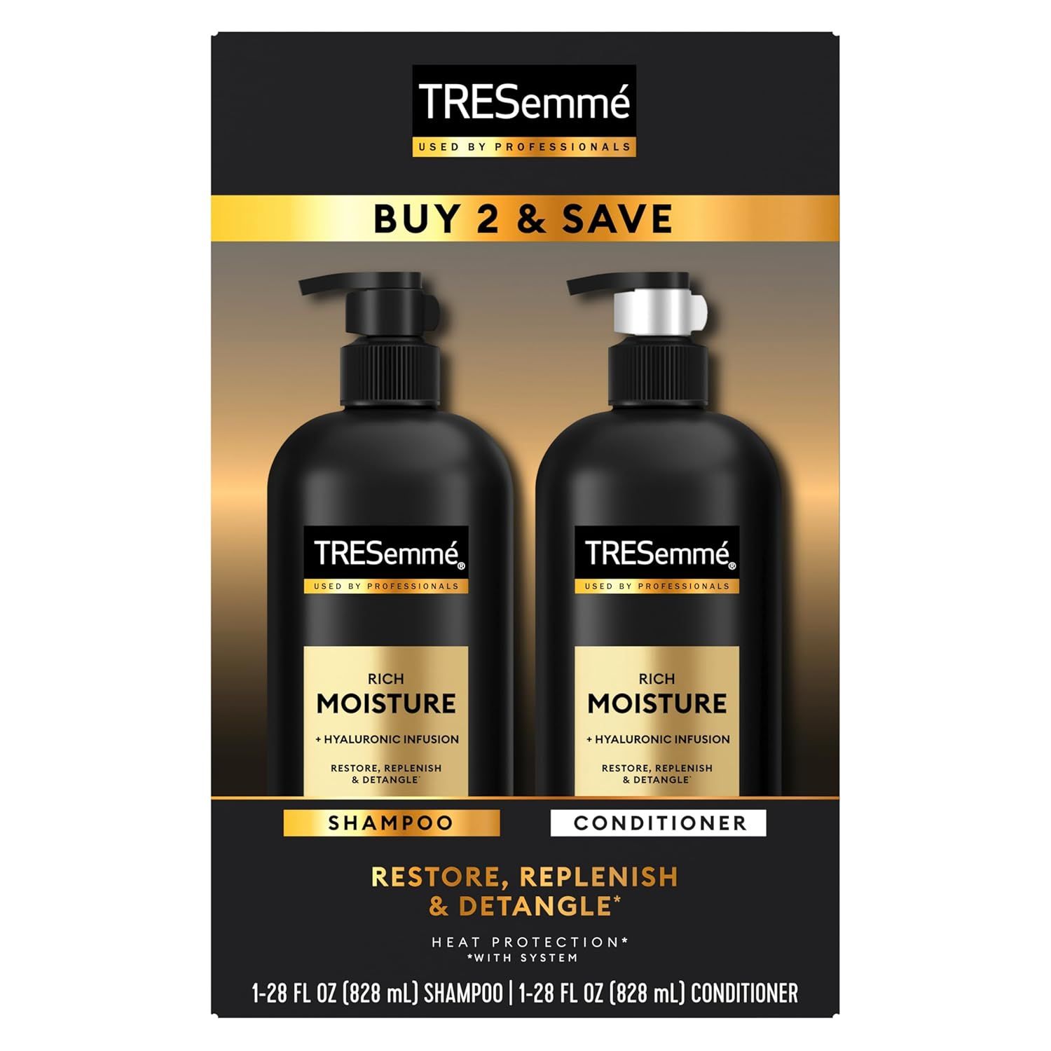 Shows the core product bundle of TRESemmé Rich Moisture shampoo and conditioner together, communicating that this is a two-item set purchase with a promotional offer. Displays the retail packaging…