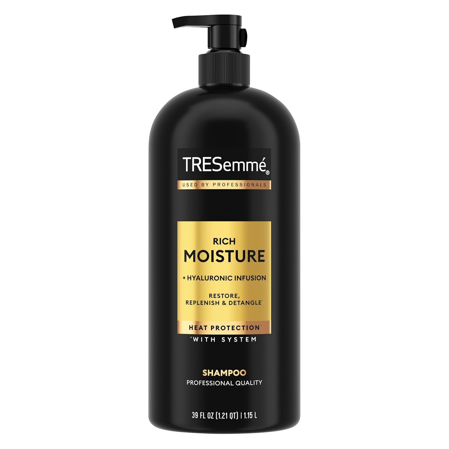 Displays the core product clearly on a clean white background to show the TRESemmé Rich Moisture shampoo bottle with its pump dispenser and professional quality branding.
