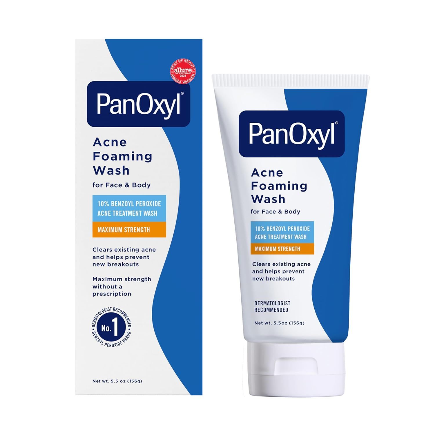 Displays the PanOxyl Acne Foaming Wash product and its retail packaging to clearly show what the shopper will receive, emphasizing the maximum strength 10% benzoyl peroxide formula for acne…