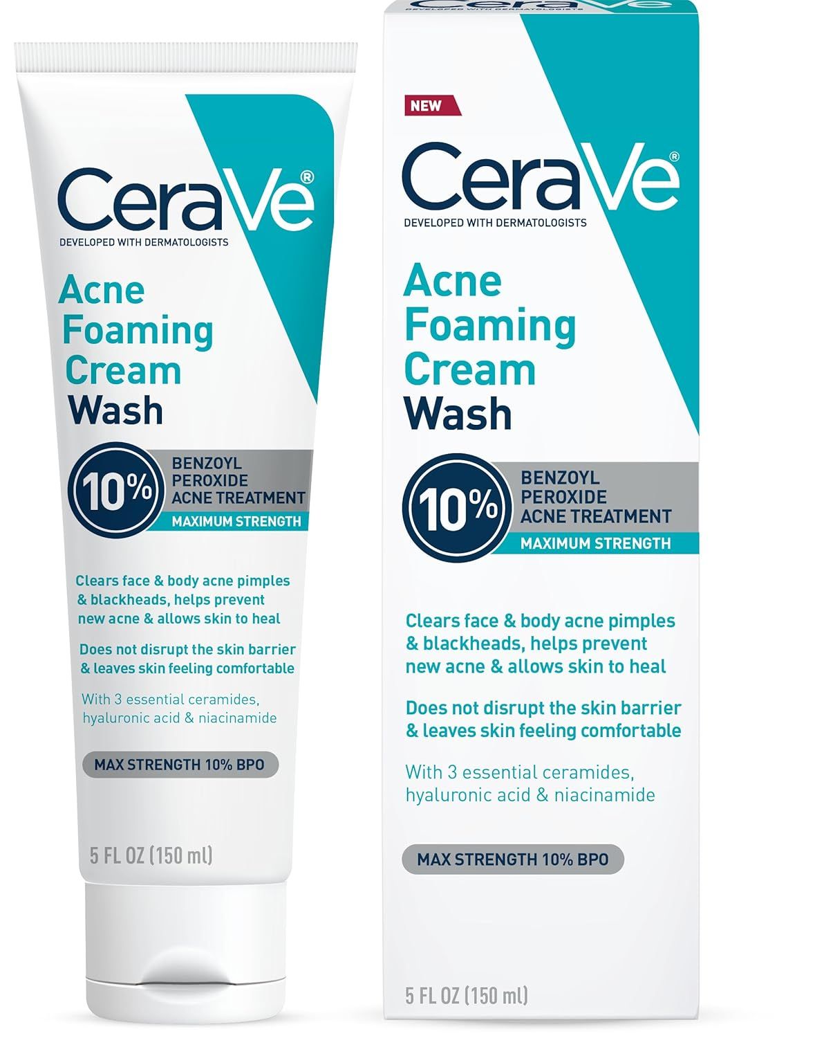 Displays the CeraVe Acne Foaming Cream Wash product and its retail packaging to show shoppers exactly what they will receive, emphasizing the 10% benzoyl peroxide maximum strength acne treatment…