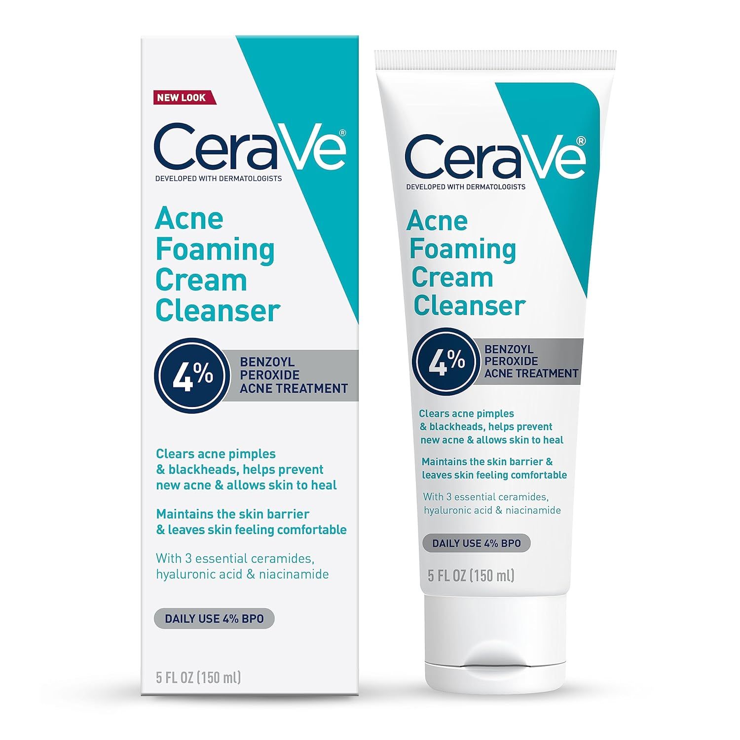 Displays the CeraVe Acne Foaming Cream Cleanser product and packaging to show shoppers exactly what they will receive, including the tube and box with clear branding and product information. Shows…