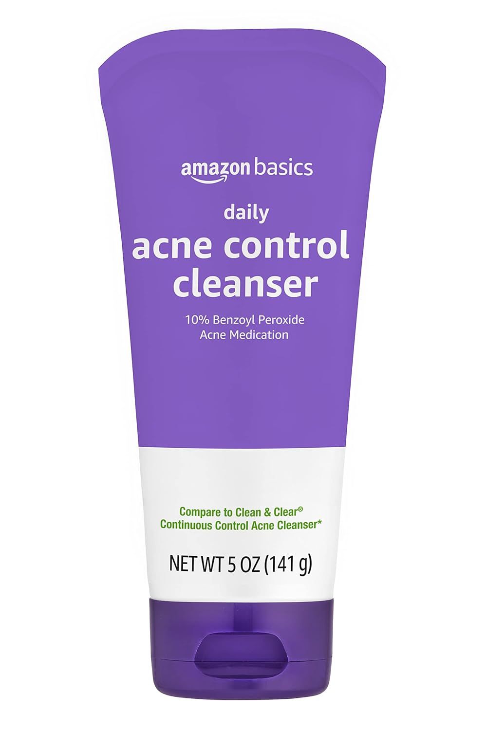 Displays the core product clearly on a white background, showing the Amazon Basics acne control cleanser tube with key product information visible to help shoppers identify the item and understand…
