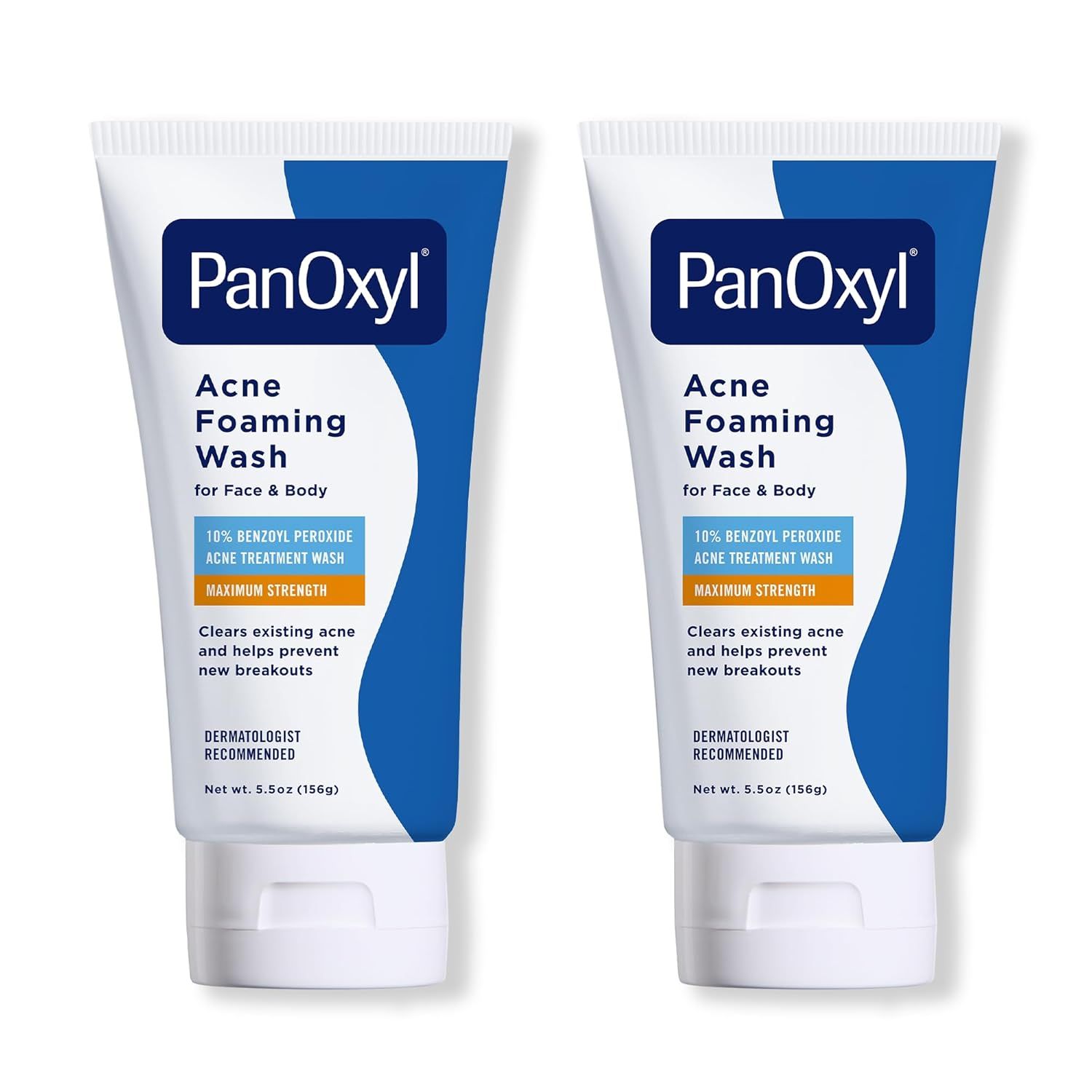 Displays two tubes of PanOxyl Acne Foaming Wash to show the product clearly, emphasizing the maximum strength benzoyl peroxide formula and dermatologist recommendation to reassure shoppers of its…