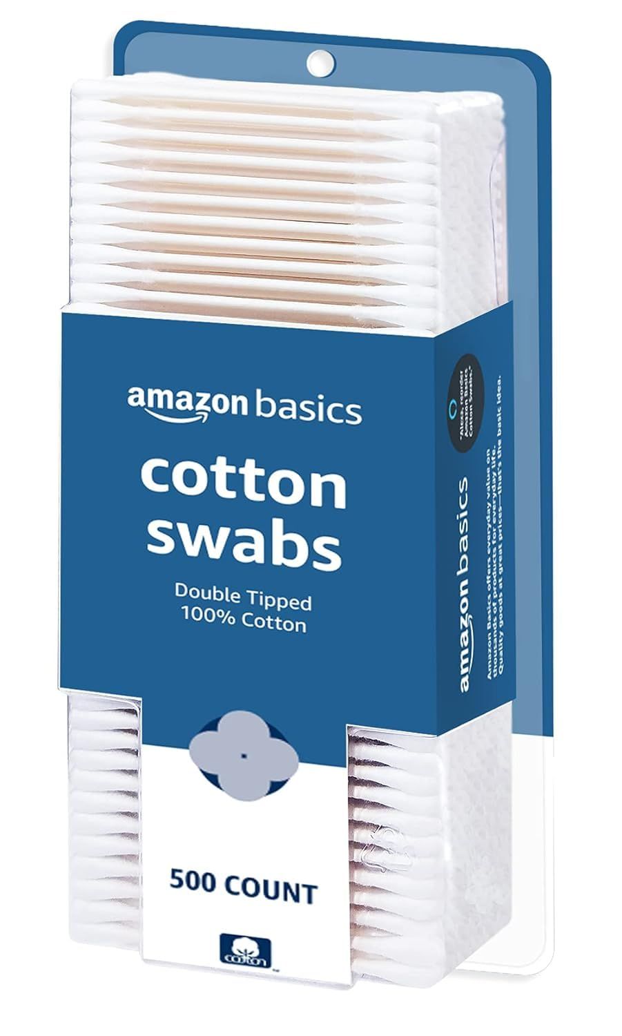 Shows the core product—a 500-count package of Amazon Basics cotton swabs—clearly displayed in its retail packaging to communicate what the shopper is purchasing. Displays the physical retail…