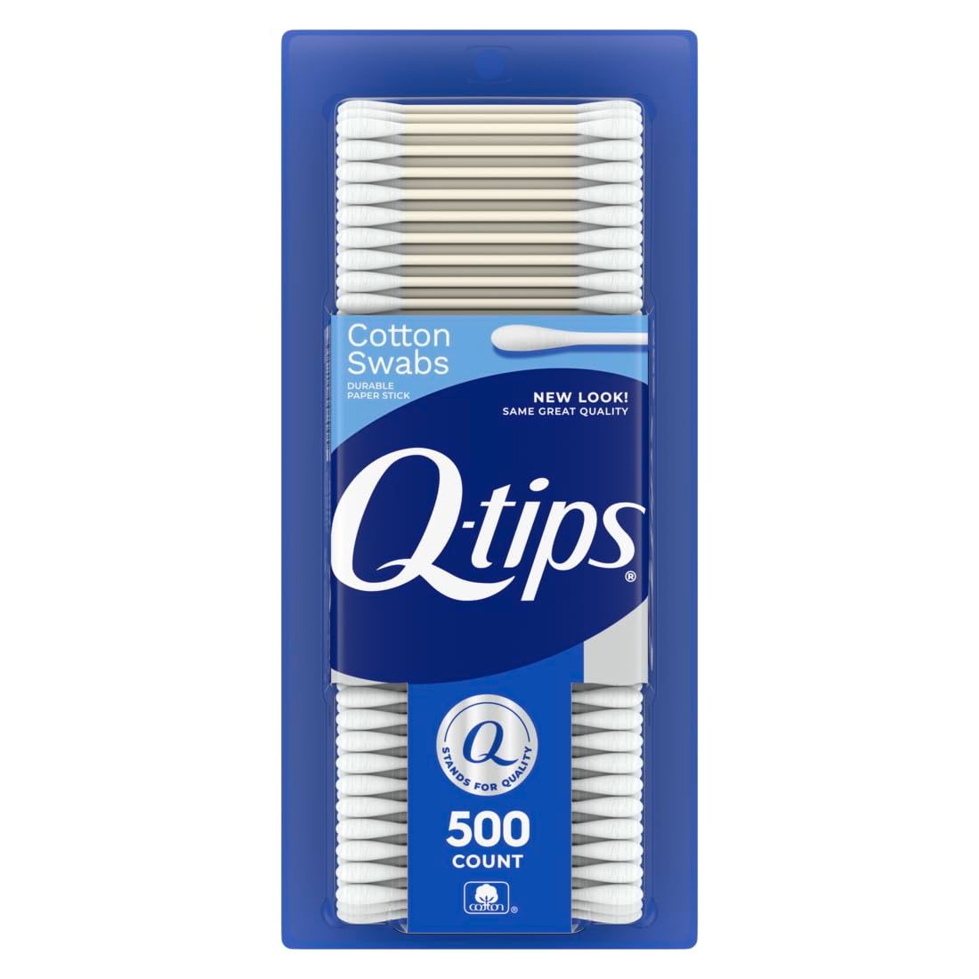 Shows the Q-tips cotton swabs product in its retail packaging to communicate the brand, product type, quantity, and key feature of durable paper sticks. Displays the physical retail packaging with…