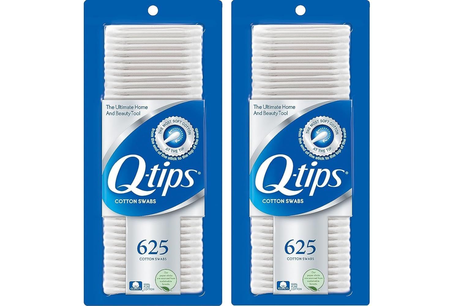 Shows the core product—Q-tips cotton swabs in retail packaging—clearly displaying the quantity (625 count) and brand to help shoppers identify what they are purchasing. Displays the physical retail…
