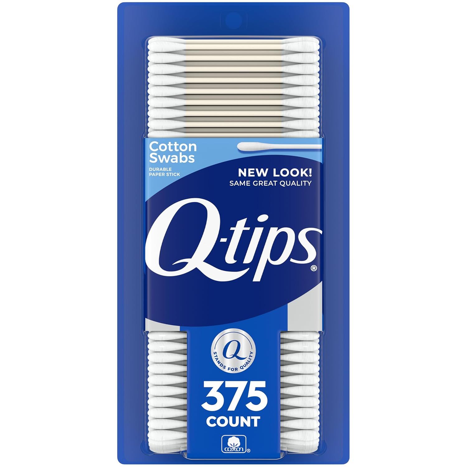 Shows the Q-tips cotton swabs product in its retail packaging to communicate the brand, product type, quantity (375 count), and key feature (durable paper stick). Displays the physical retail…