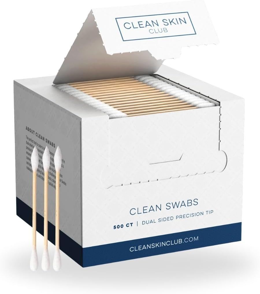 Shows the core product (cotton swabs) in its retail packaging with the box open to display the contents, communicating the quantity and dual-sided precision tip feature to help shoppers understand…