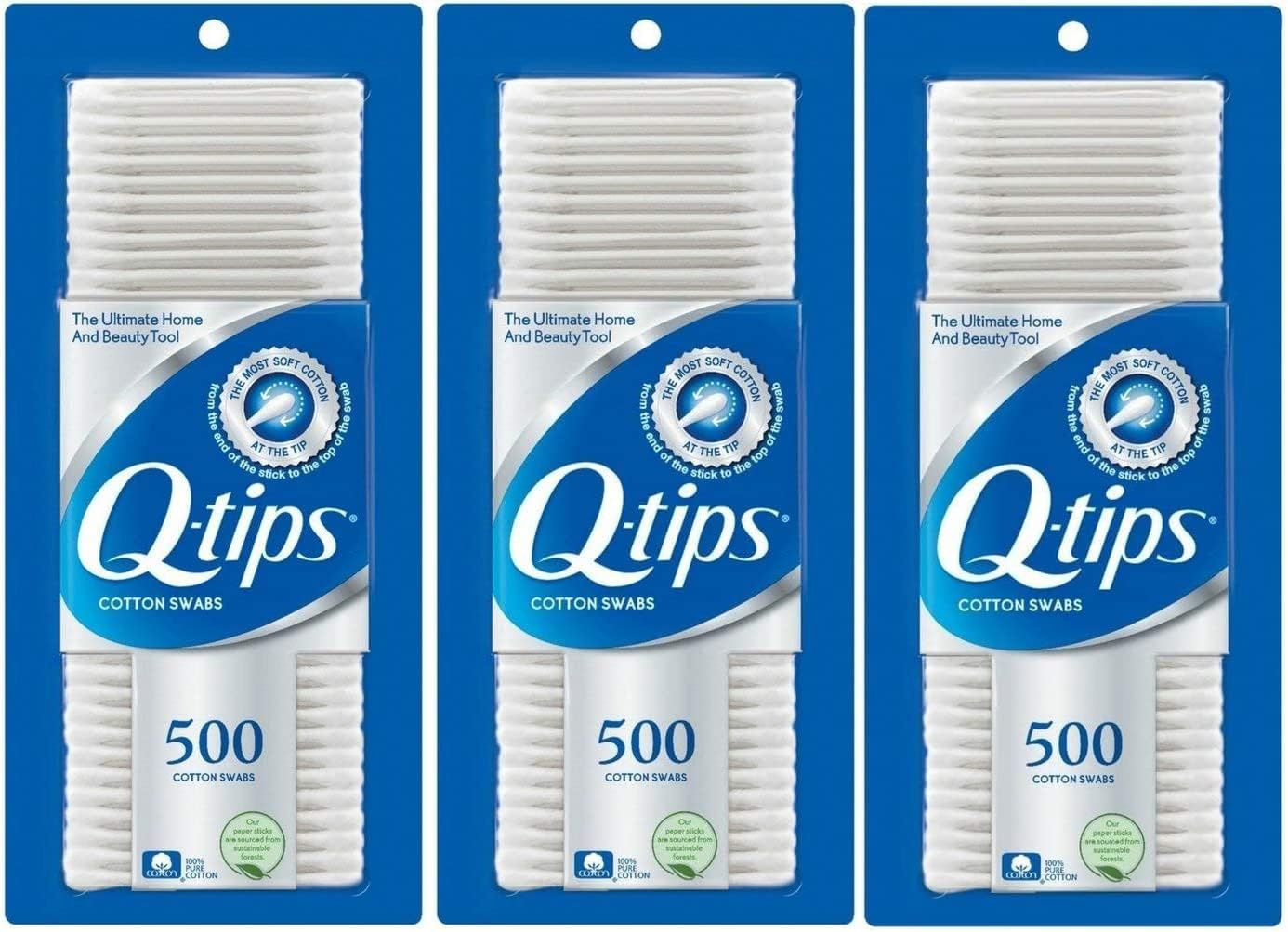 Shows the core product in a three-pack format, clearly displaying the Q-tips brand, quantity, and packaging to help shoppers understand what they are purchasing. Displays the actual retail packaging…
