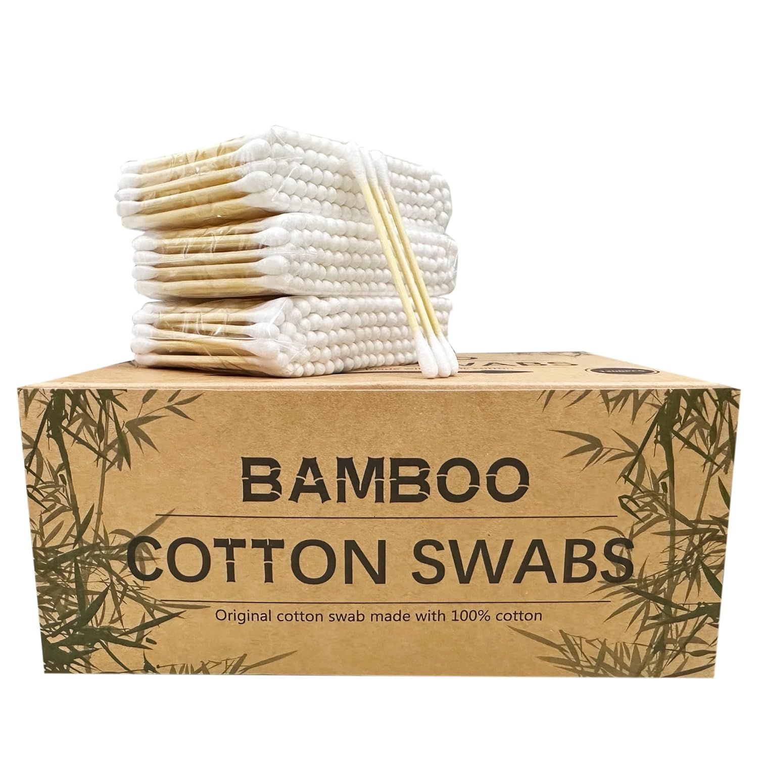 Shows the core product—bamboo cotton swabs—clearly displayed with retail packaging to communicate the eco-friendly material and quantity included in the purchase. Displays the retail packaging…