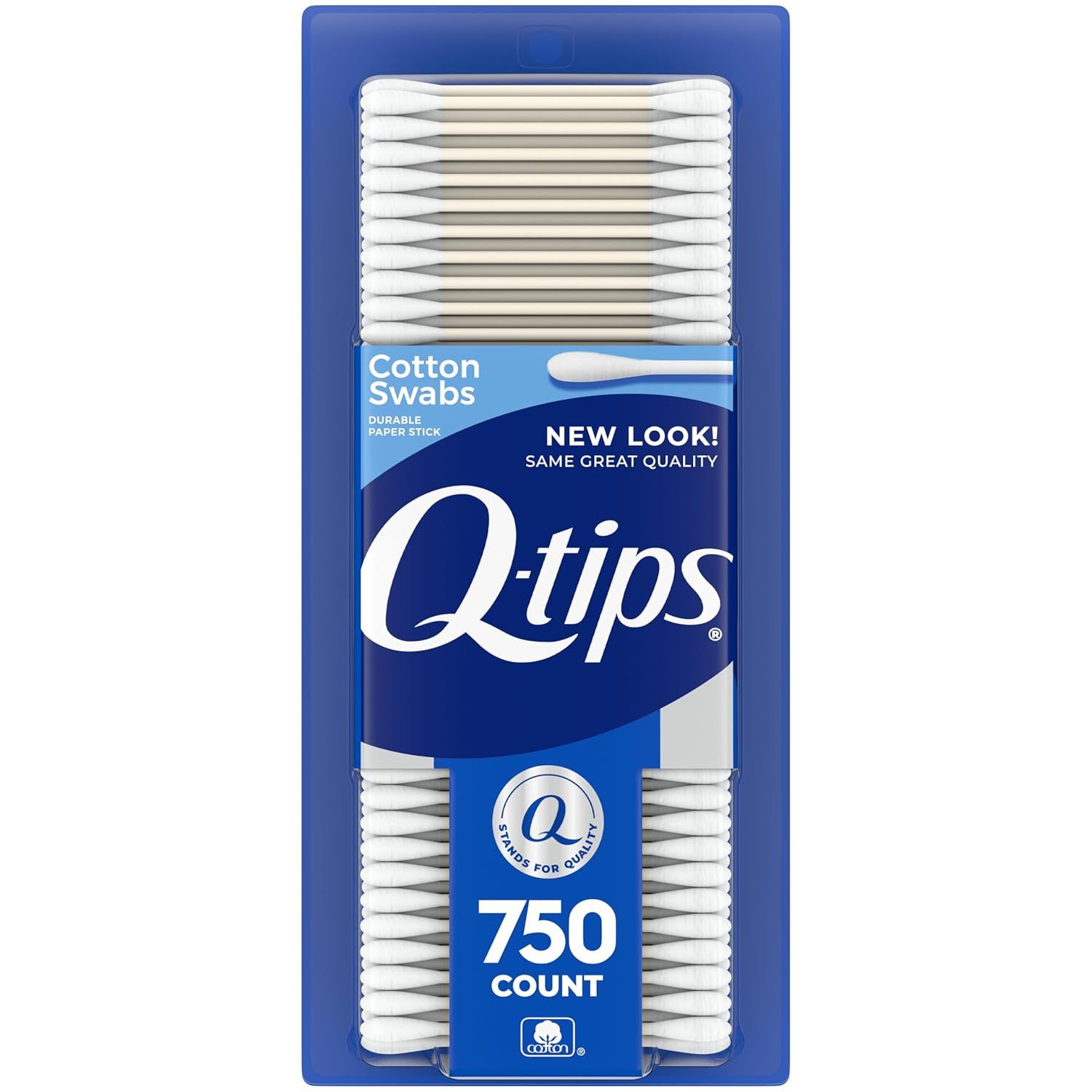 Shows the Q-tips cotton swabs product in its retail packaging, clearly displaying the brand, product type, quantity (750 count), and quality messaging to help shoppers identify and select the item.…