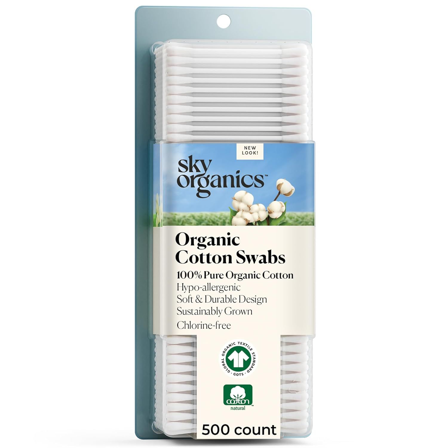 Shows the core product in its retail packaging to communicate what the shopper will receive, emphasizing the organic cotton material and key product features like hypo-allergenic, sustainably grown,…