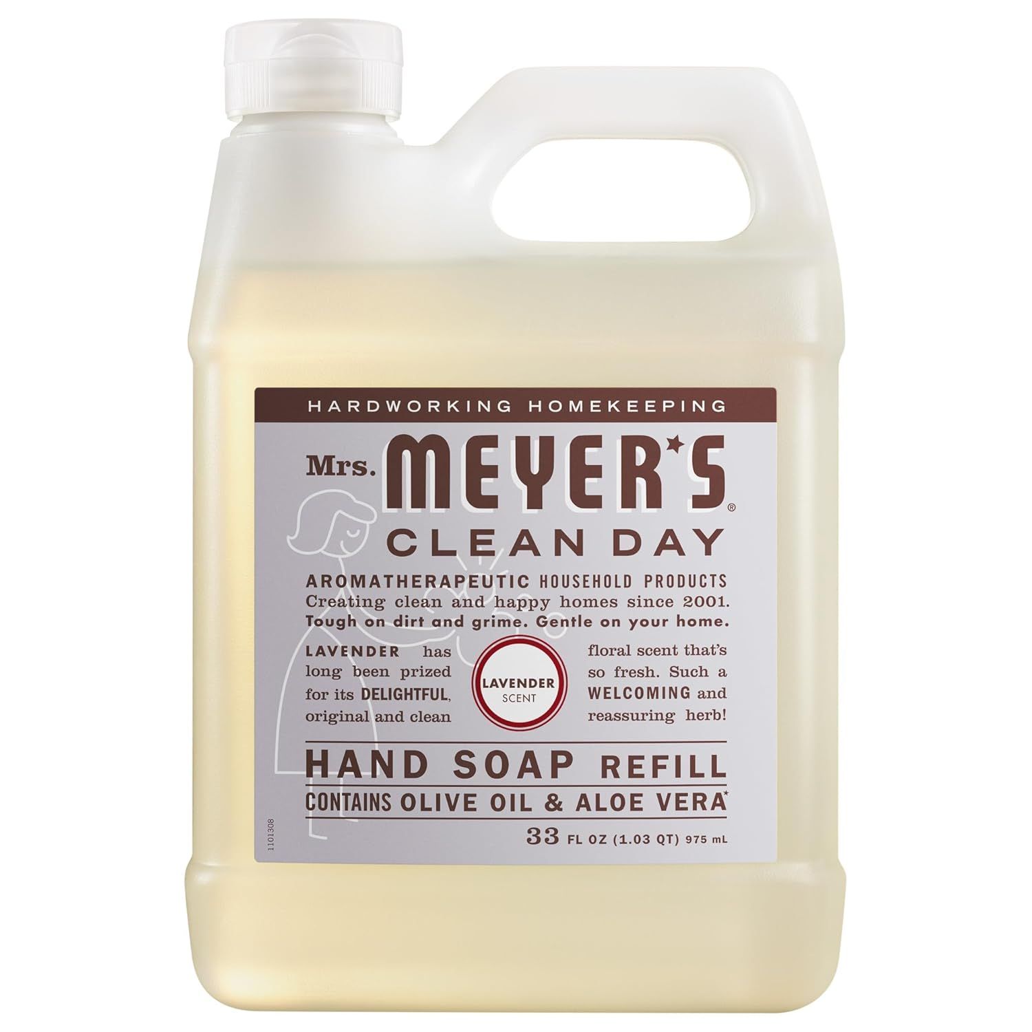 Displays the core product—a large refill bottle of Mrs. Meyer's hand soap—clearly showing the brand, scent variant, key ingredients, and size to help shoppers identify and purchase the exact product…