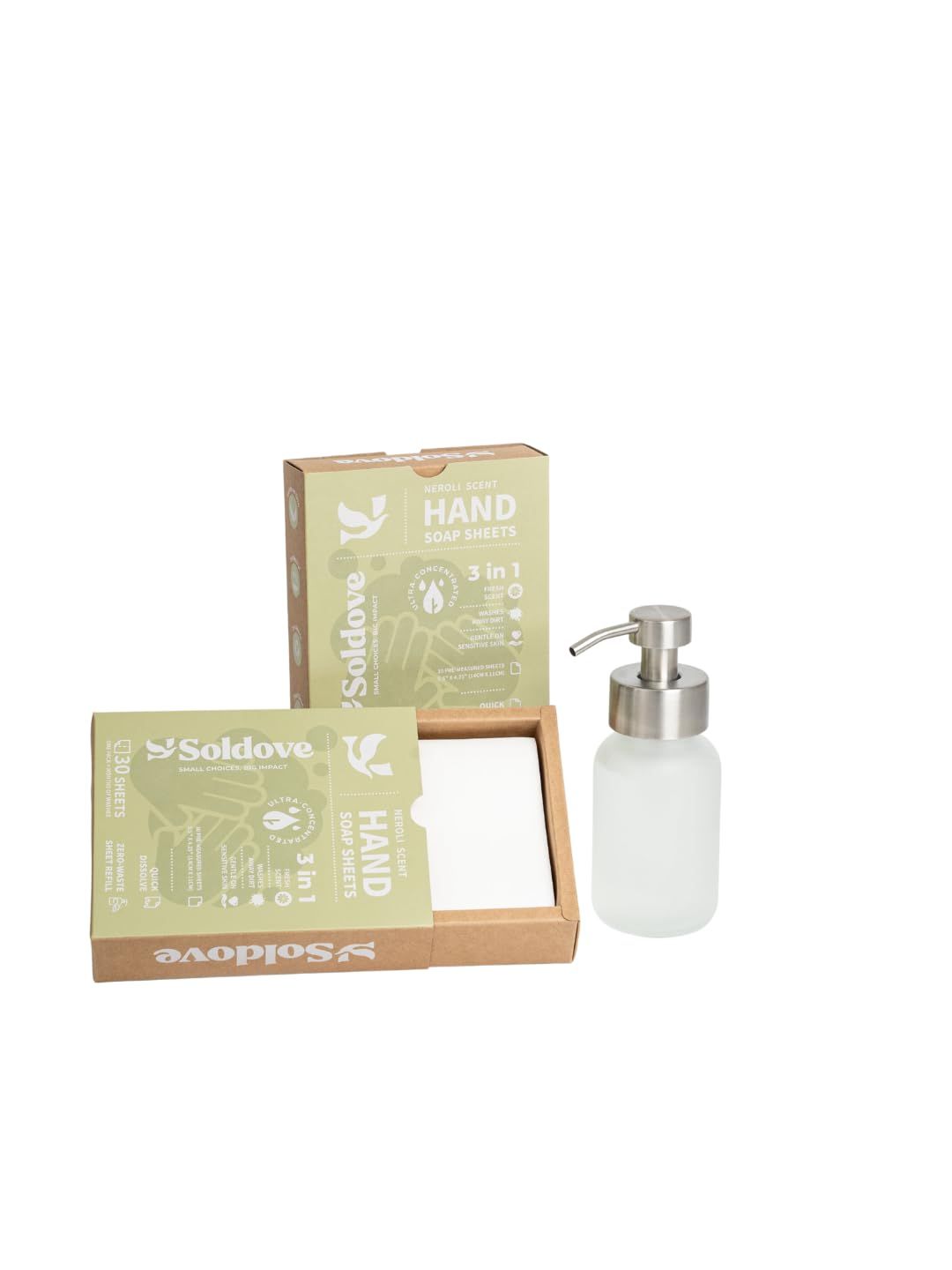 Shows the core sellable product bundle including hand soap sheet boxes and a frosted glass soap dispenser to communicate what the buyer receives. Displays the branded retail packaging for the…