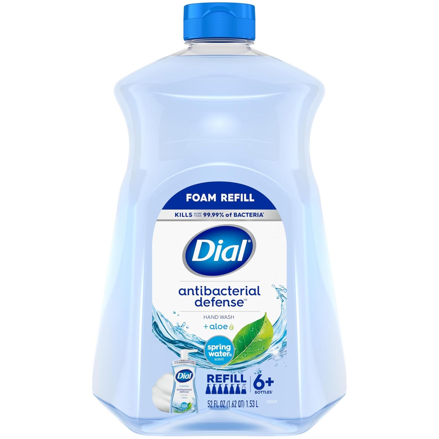 Displays the core product, a large refill bottle of Dial antibacterial hand wash, clearly showing the brand, scent, and antibacterial benefits to help shoppers identify what they are purchasing.