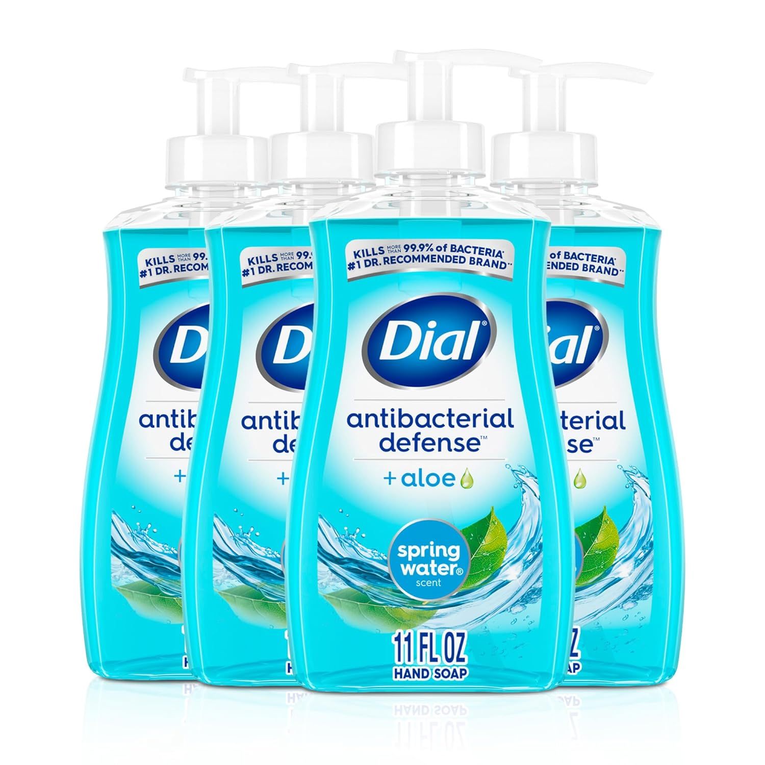 Displays the core product in a clean catalog style to show shoppers exactly what they will receive—a multi-pack of Dial antibacterial hand soap bottles. Uses visual embellishments like water…