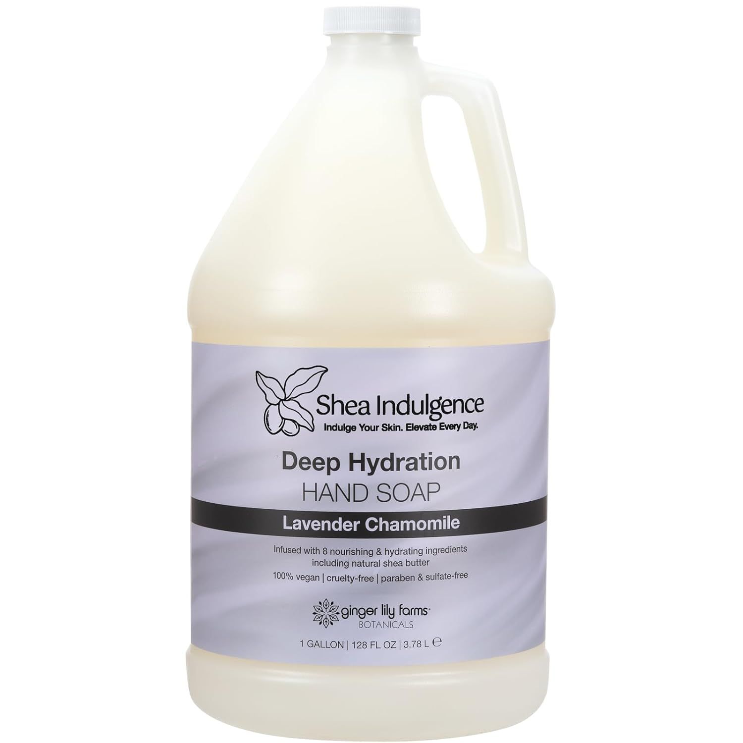 Displays the core product clearly on a white background to show shoppers exactly what they will receive, emphasizing the large 1-gallon size and lavender chamomile scent.