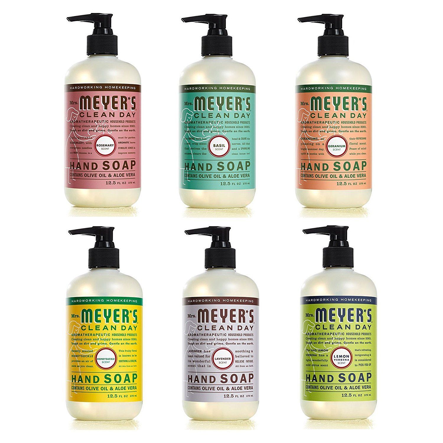 Displays the core product (Mrs. Meyer's Clean Day Hand Soap) in six different scent varieties to show shoppers the available options and help them choose their preferred fragrance. Showcases the…