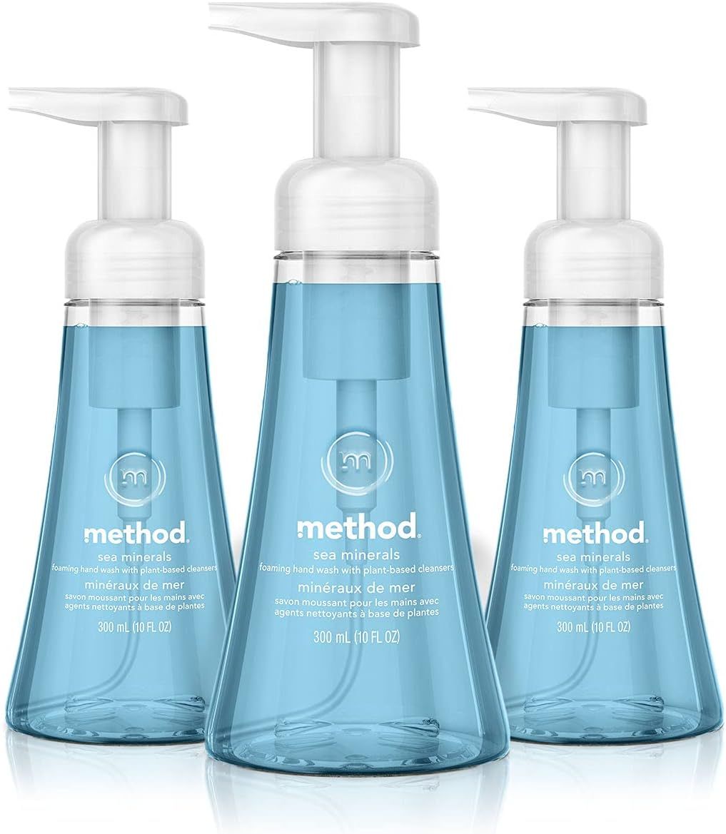 Shows the core product in a 3-pack format to communicate the quantity and value the shopper will receive, while displaying the sea minerals scent and foaming pump design.