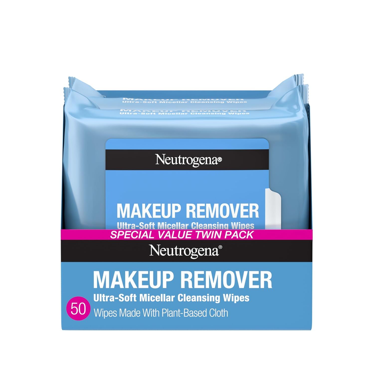 Shows the core product packaging for Neutrogena makeup remover wipes, communicating the twin pack value and plant-based material feature to help shoppers understand what they are purchasing.…