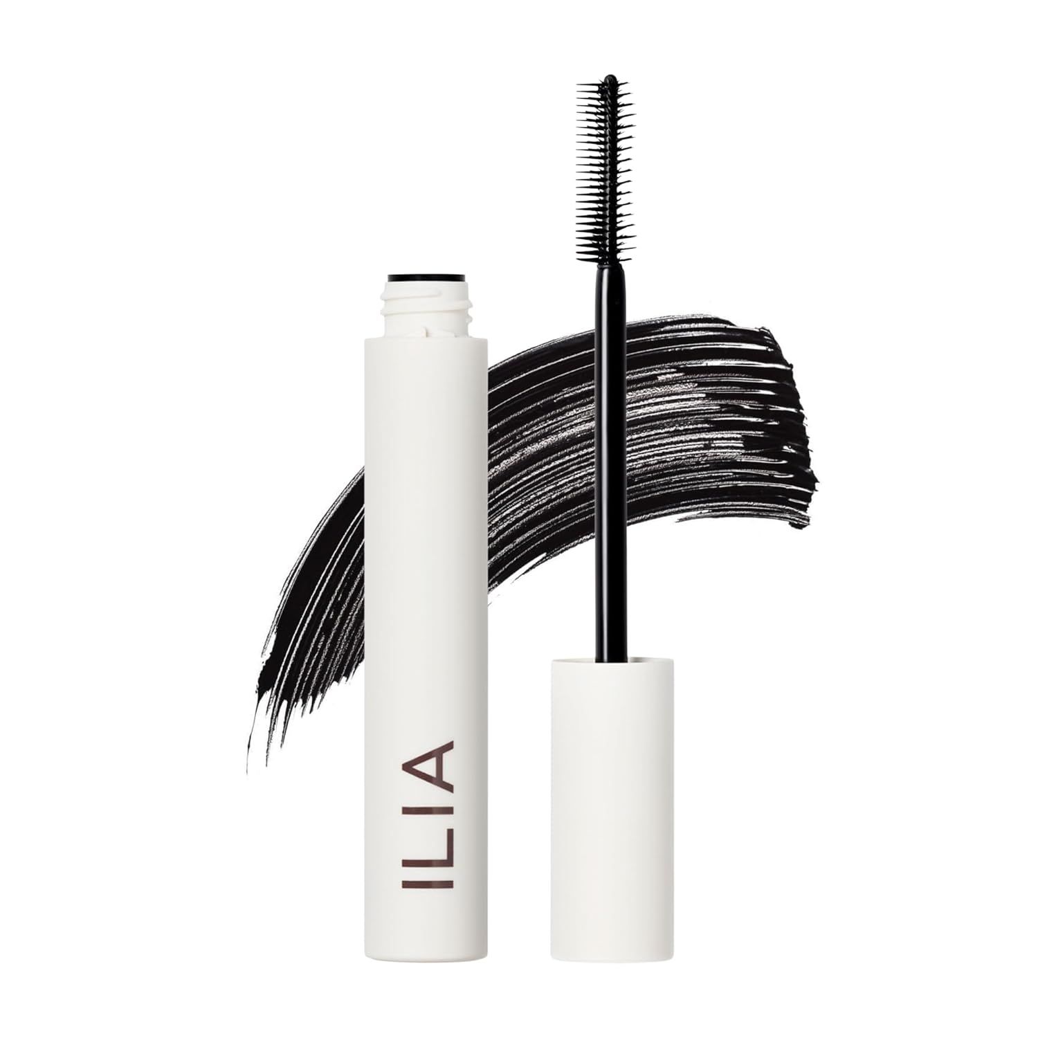 Shows the core mascara product with its brush applicator clearly visible, allowing shoppers to see both the tube and the brush design. Displays artistic mascara swatches in the background to…