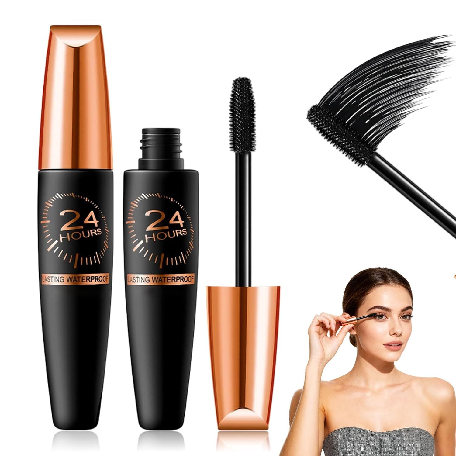 Displays the core mascara product with its distinctive copper cap and black tube, showing both closed and open states with the brush applicator to communicate what the shopper is purchasing. Shows a…