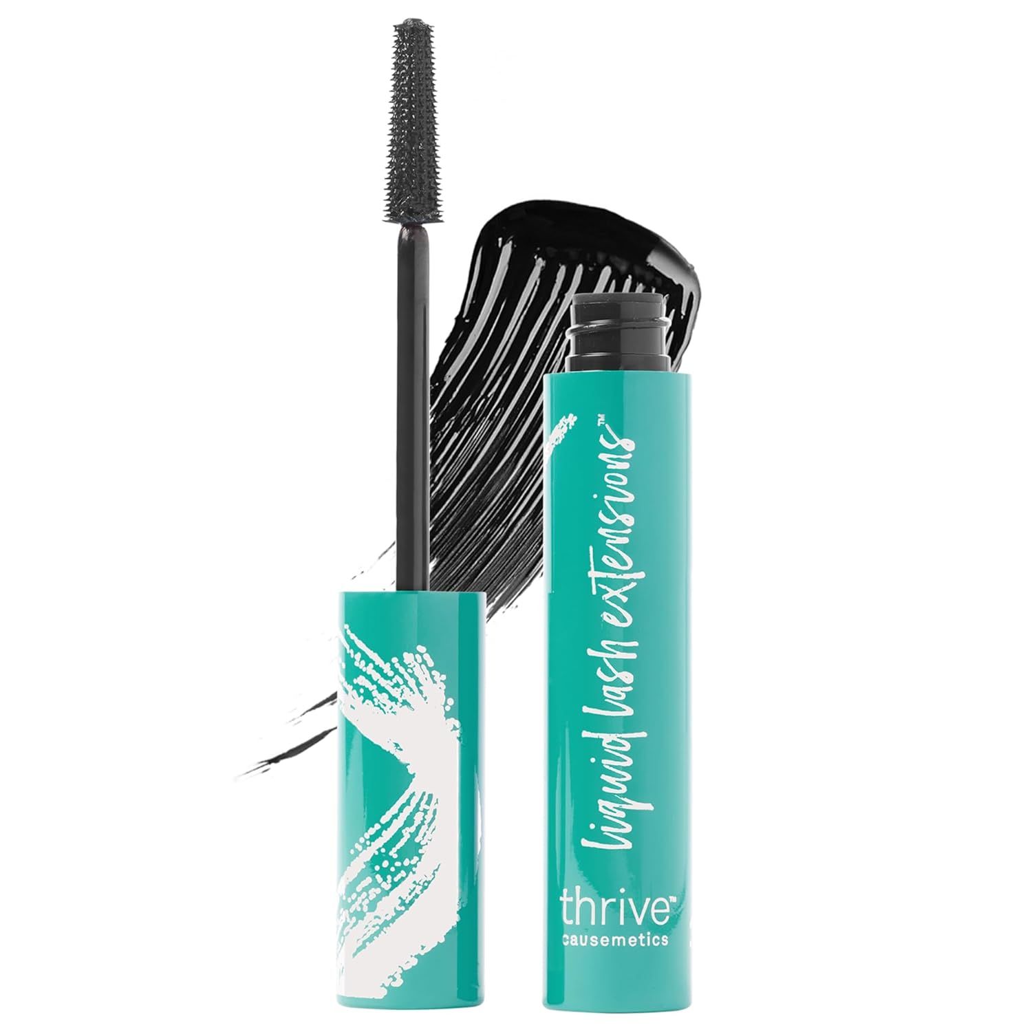 Shows the core sellable mascara product with its applicator wand extended to demonstrate what the shopper receives and how the product looks when in use. Uses artistic black mascara brush stroke…