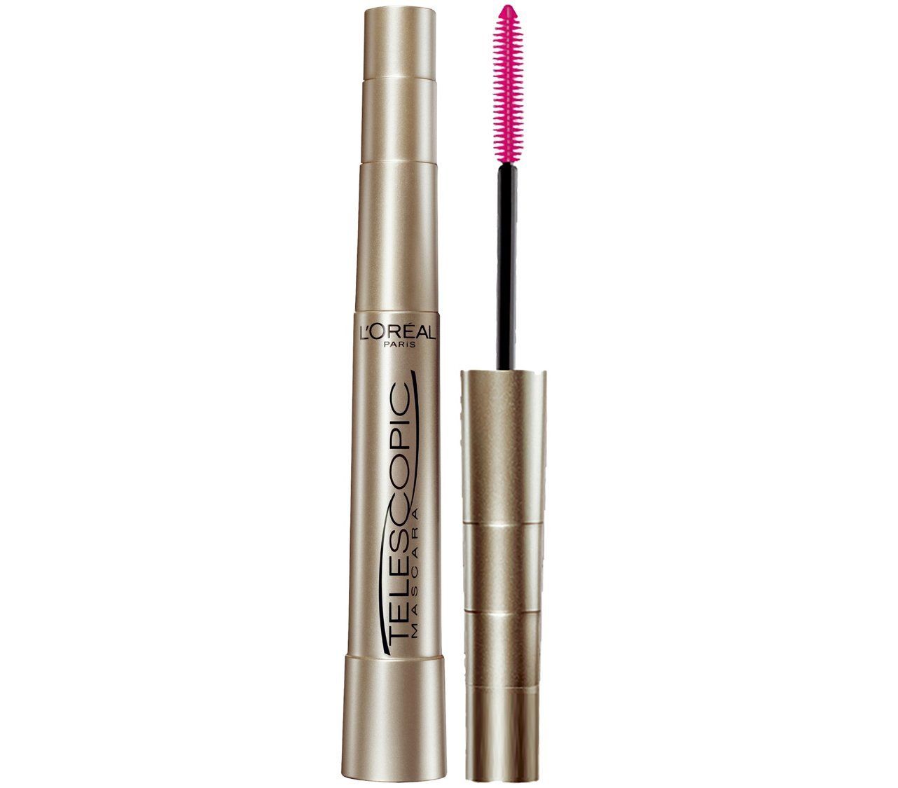 Displays the L'Oreal Telescopic mascara product clearly with both the tube and applicator wand visible, allowing shoppers to see the product design and distinctive pink brush.