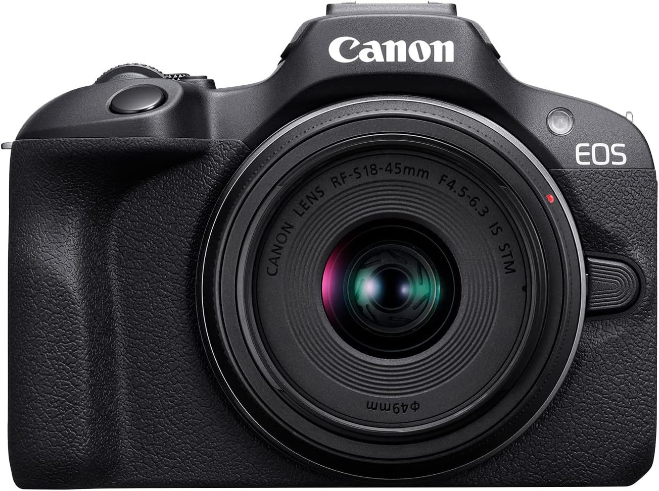 Displays the Canon EOS camera with attached lens in a clean, catalog-style presentation to show the product clearly and allow shoppers to see the design, branding, and key features of the camera…