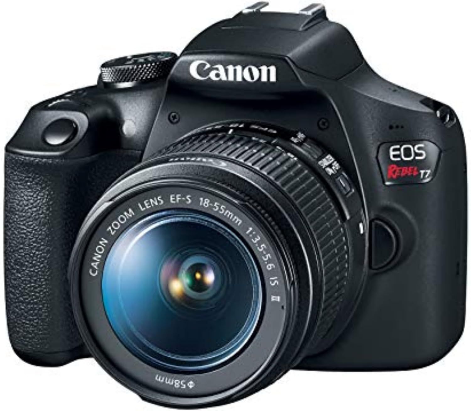 Displays the Canon EOS Rebel T7 DSLR camera with attached zoom lens in a clean catalog presentation to show shoppers exactly what the core product looks like.