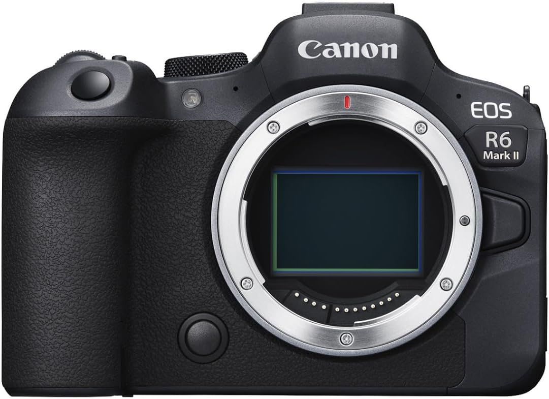 Displays the Canon EOS R6 Mark II camera body clearly to show the product's professional design, branding, and key features like the lens mount and sensor.