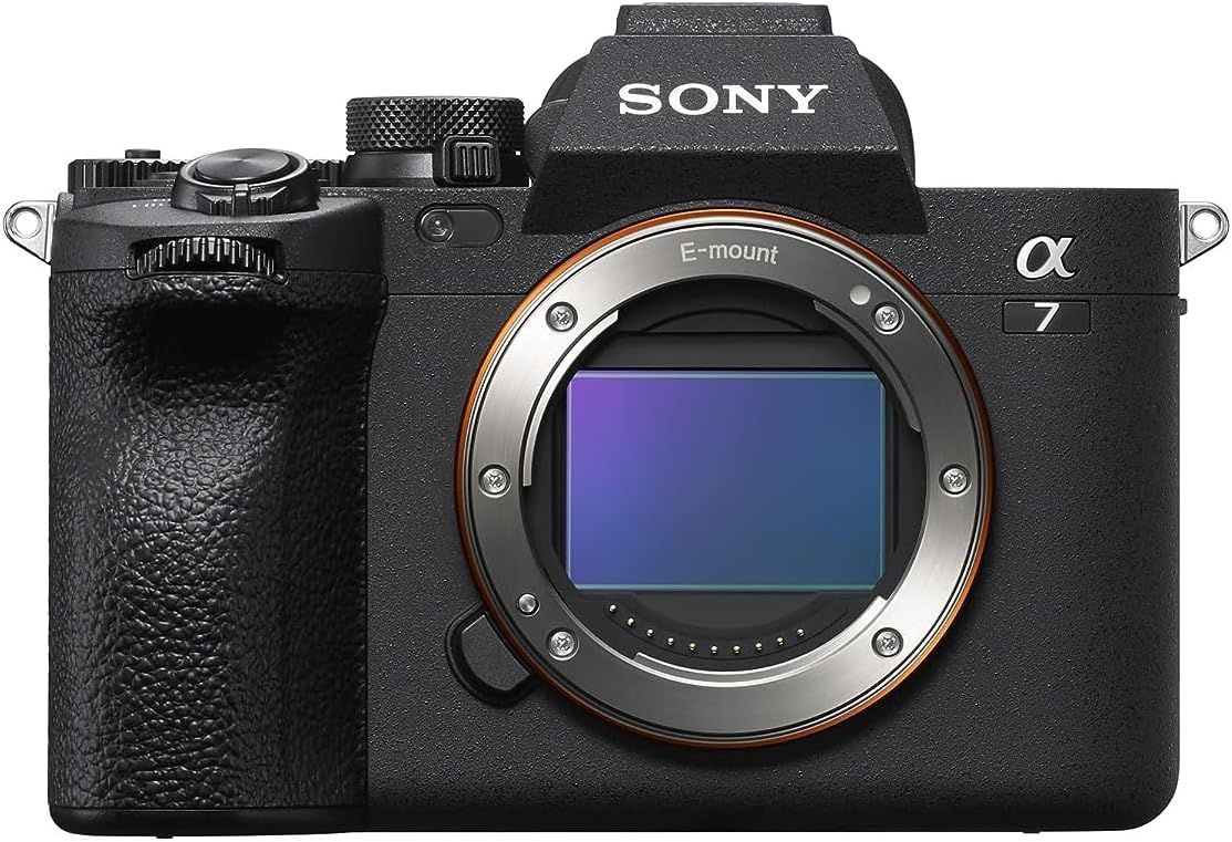 Displays the Sony Alpha 7 mirrorless camera body in a clean, catalog-style presentation to show the product's professional design, build quality, and key features like the E-mount lens system and…