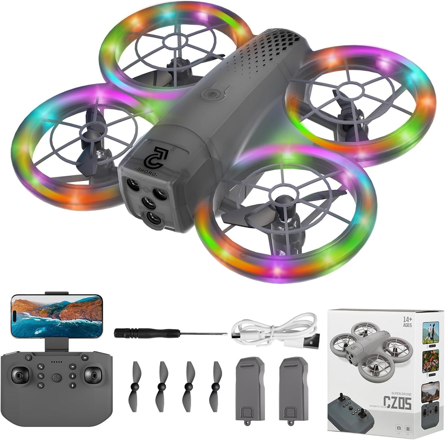 Shows the core drone product with colorful LED lights and all included accessories to communicate what the buyer receives in the complete package. Displays all included accessories and components…