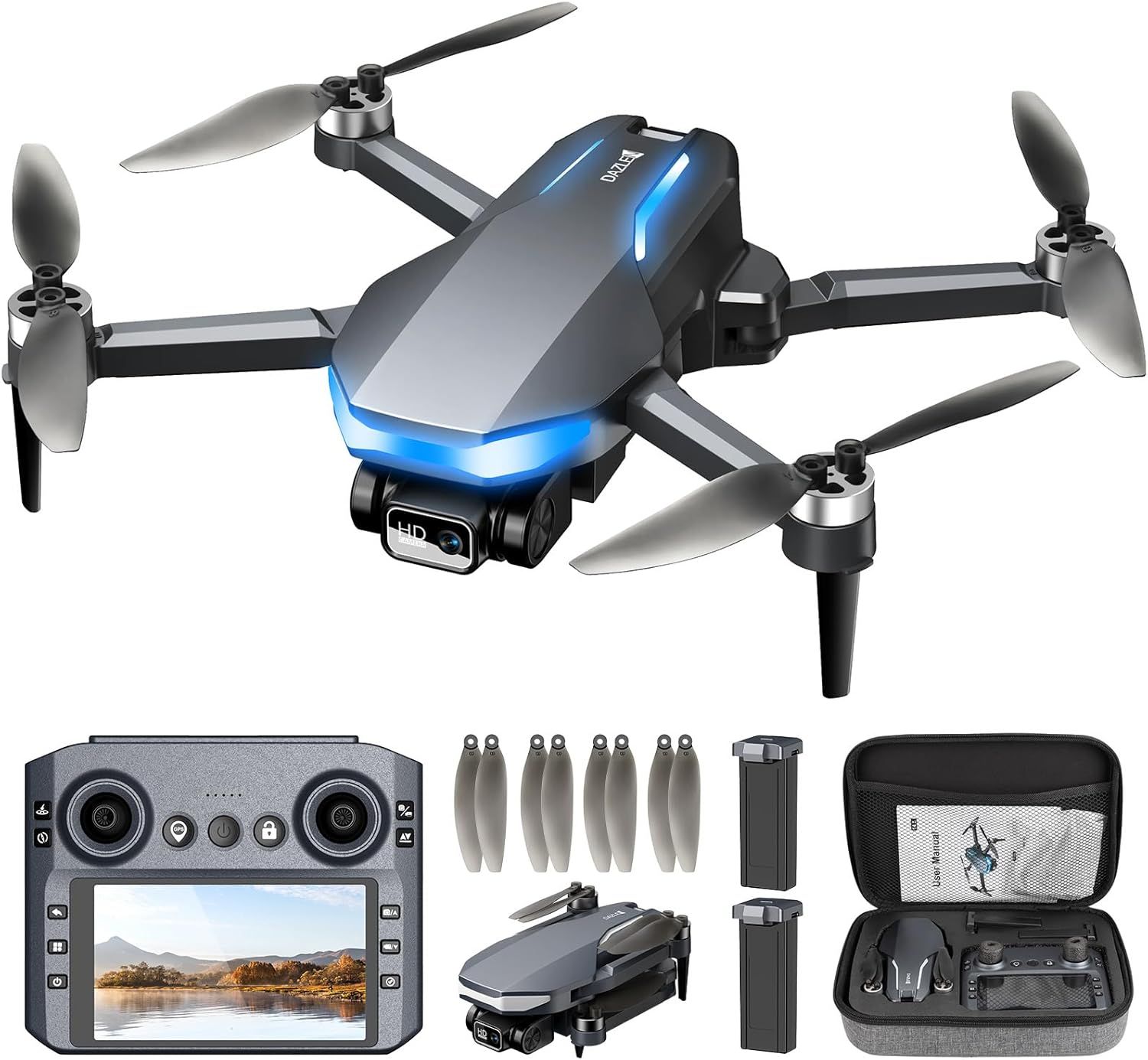 Displays the core drone product with its sleek design, HD camera, and blue LED accents to communicate quality and modern technology to potential buyers. Shows all included accessories and parts that…