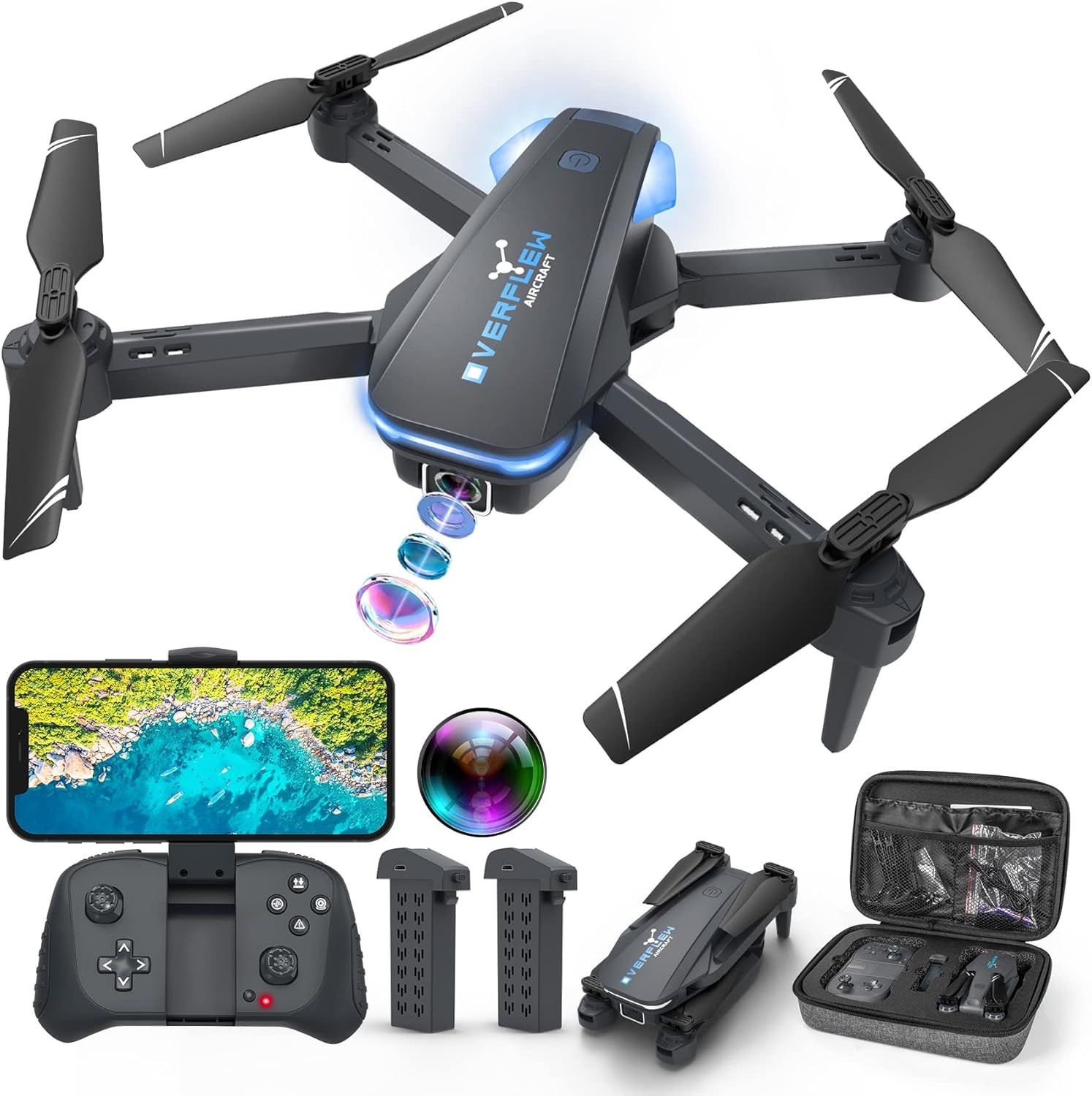 Displays the core product, a foldable drone with camera capabilities, showing its design and form factor to help shoppers understand what they are purchasing. Shows all included accessories and…